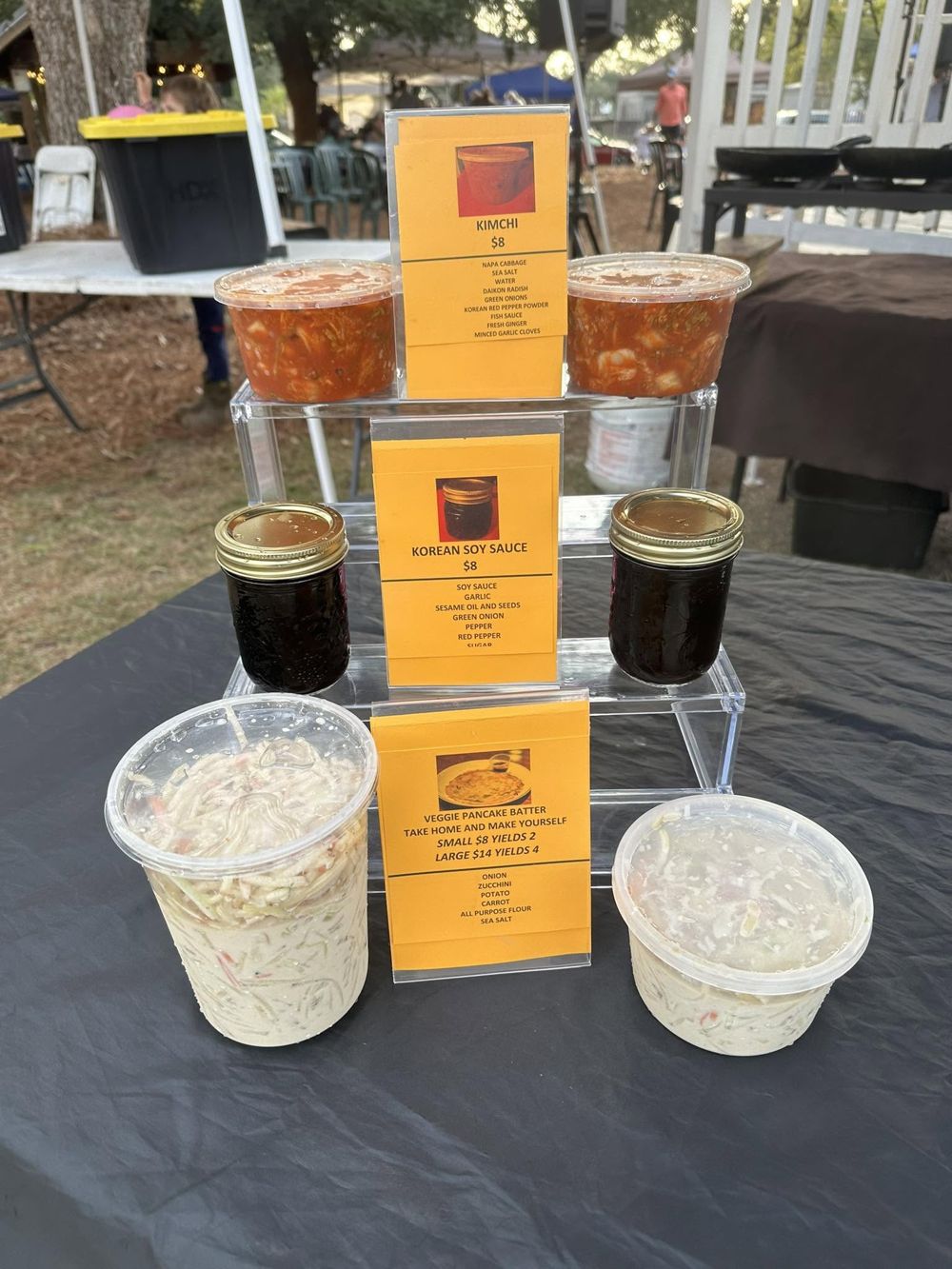 Meme's kimchi, Korean soy sauce and veggie pancake batter on display at the Covington Farmers Market